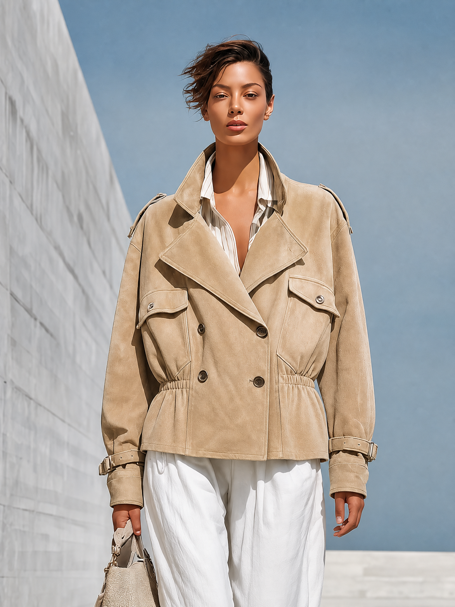Women's Notched Lapel Utility Pocket Beige Jacket MDZ0113I0YZJ