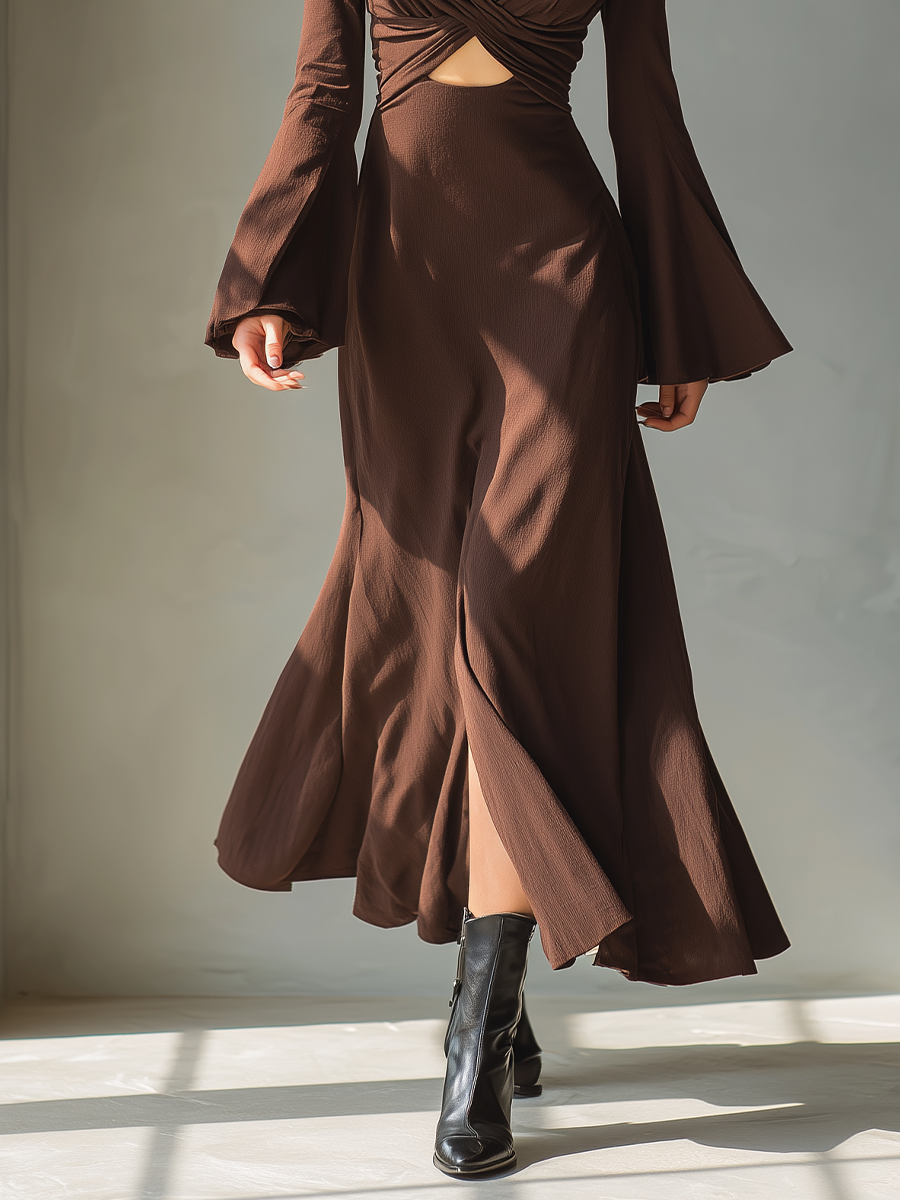 Women's Coffee-Colored Knitted Knitted Openwork Bell Sleeve Maxi Dress MDA0669K4T