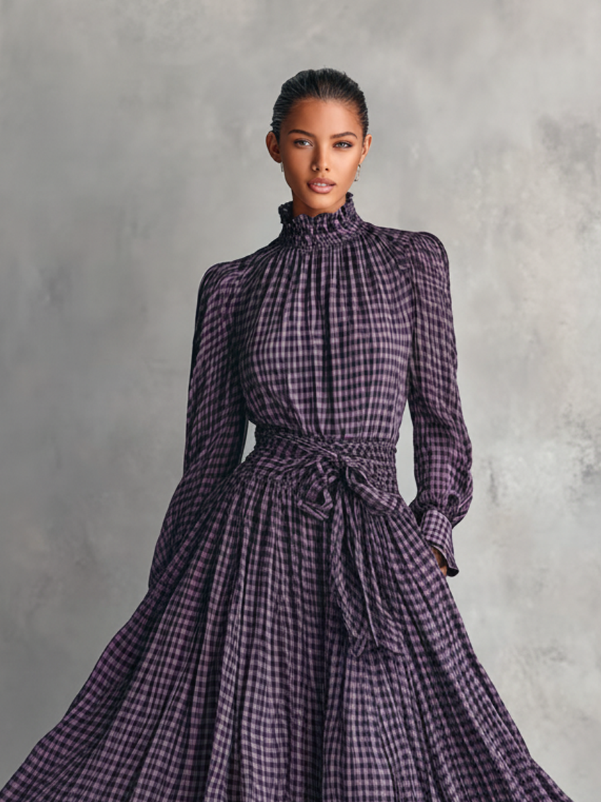 Women's Plaid Blended Half-high Collar Long-sleeved Blouse And Long Skirt Set MDA1676J3Y
