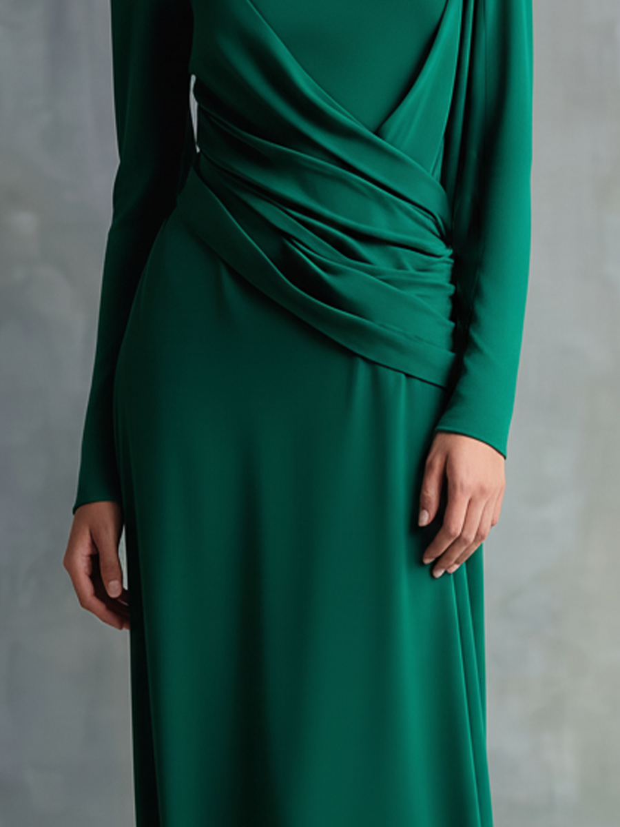 Women's Dark Green Draped Fabric High-neck Pleated Waist Maxi Dress MDA0135K5T