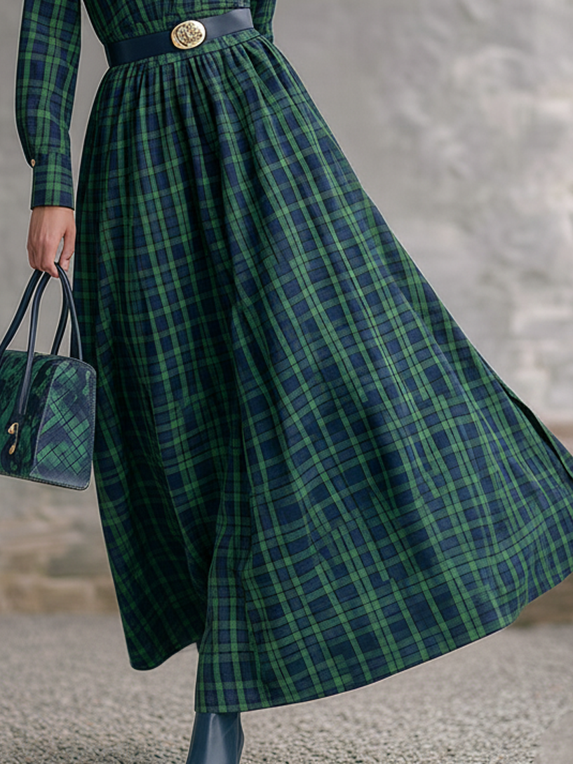 Women's Plaid Shawl Collar Belt Maxi Dress MDA1695J8Y