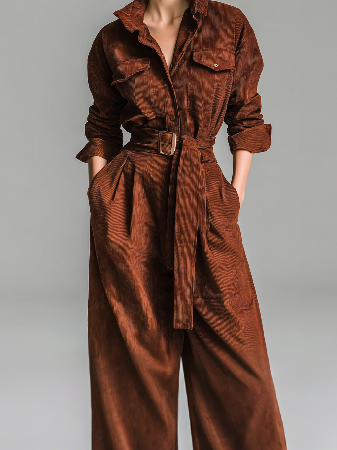 Women's Elegant Reddish-brown Corduroy Long-sleeved Shirt Collar Jumpsuit With Belt MDA1966L4AN