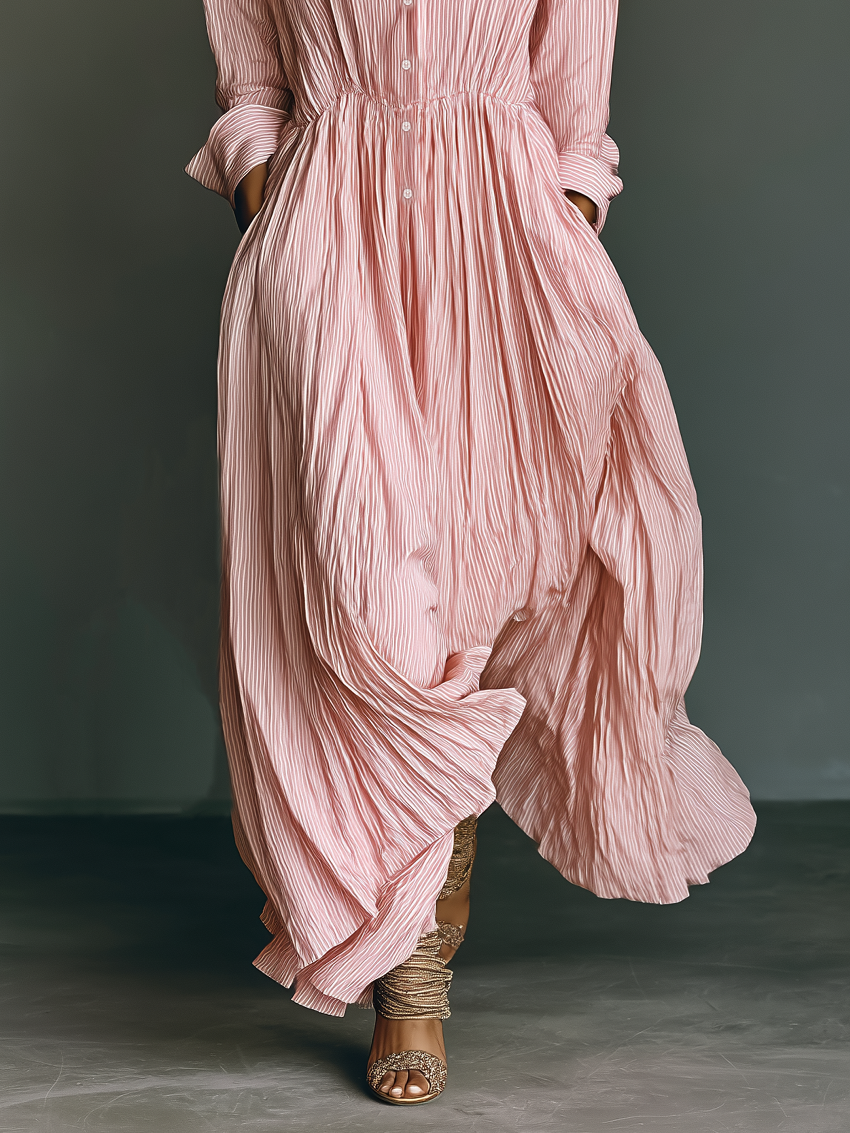 Women's Loose Striped Shirt Collar Single-breasted Maxi Dress MDA0629K4Y