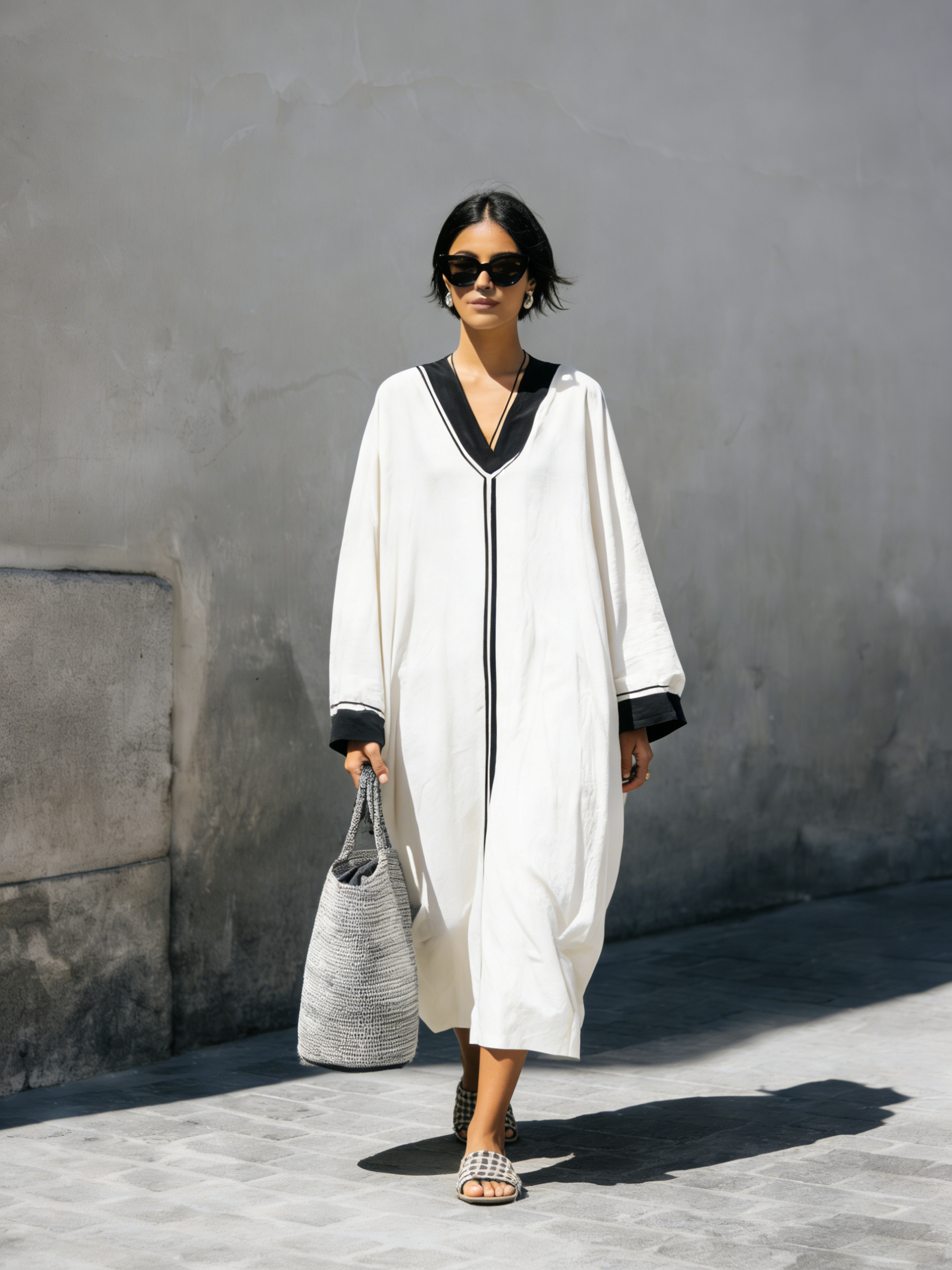 Women's Elegant White Cotton And Linen Blend V-neck Loose-fitting Long Dress MDZ0928A7AN