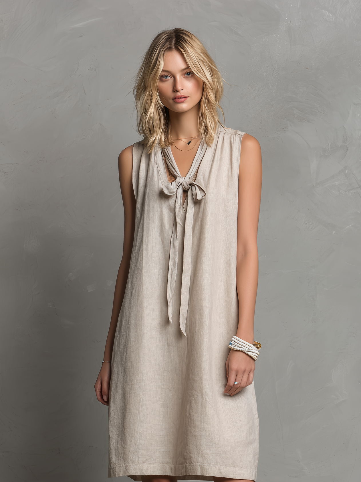Women's Simple Beige Cotton Linen V-neck Sleeveless Loose Midi Dress MDZ2573B9AN