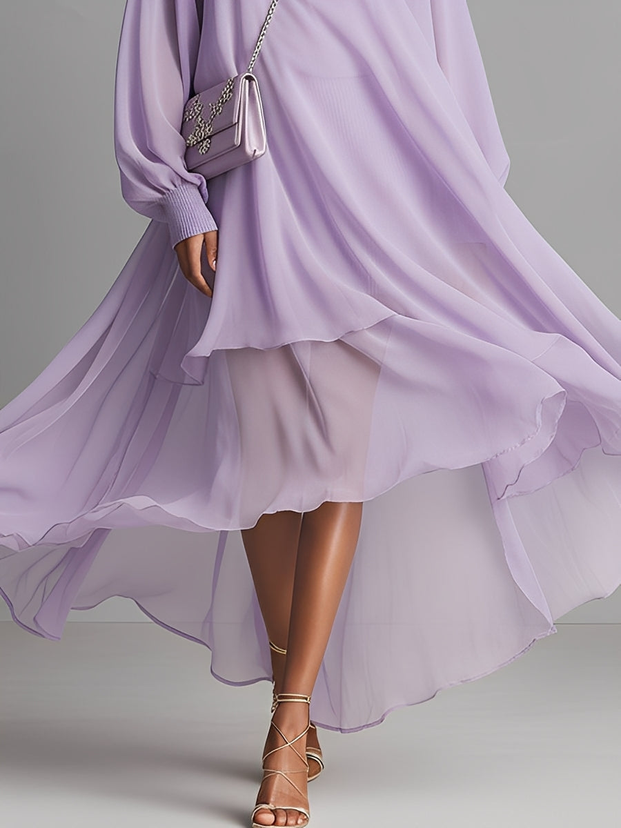 Women's Purple Sheer Chiffon Dress With Oversized Puff Sleeves & Asymmetric Hem, Timeless Romantic-Elegant Style Dress MDA1801L4I