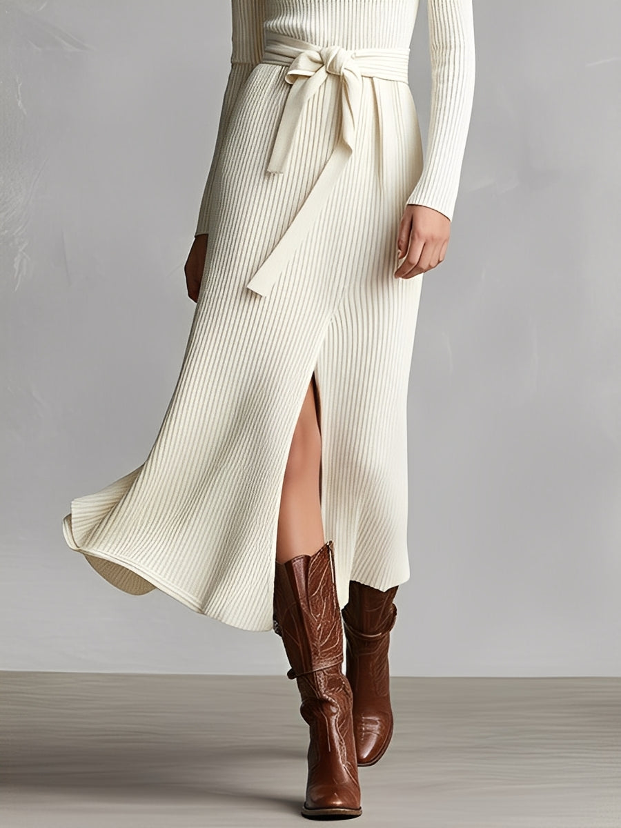 Women's Cream Rib-Knit Elegant Midi Dress With Turtleneck & Tie-Waist, Sophisticated Casual Dress MDA3040J9I