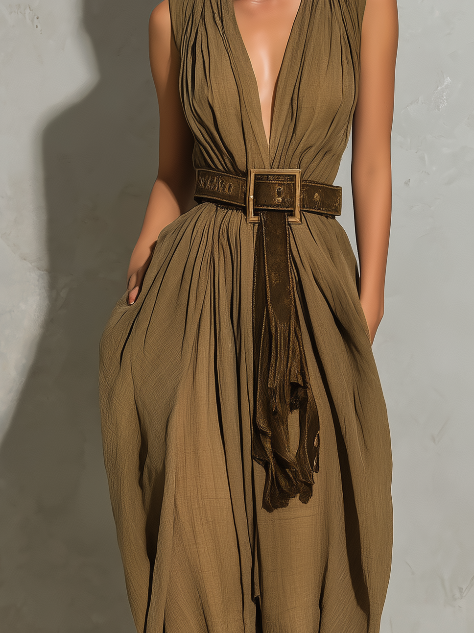 Women's Stylish Army Green V-neck Sleeveless Loose-fitting Jumpsuit Made Of Cotton And Linen Blend (belt Not Included) MDA2558L2AN
