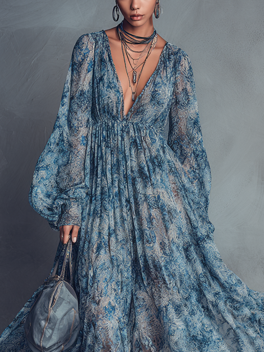 Women's Bohemian Style Blue Floral Print V-Neck Lantern Sleeve Chiffon – Modesees
