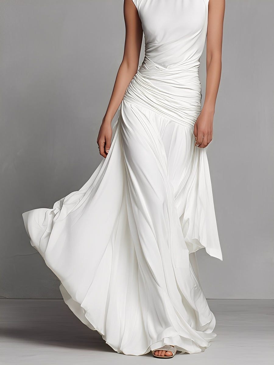 Women's White Silky Dress With Ruched Detail & Sleeveless Design, Timeless Elegant-Luxe Style Dress MDZ0698A9I