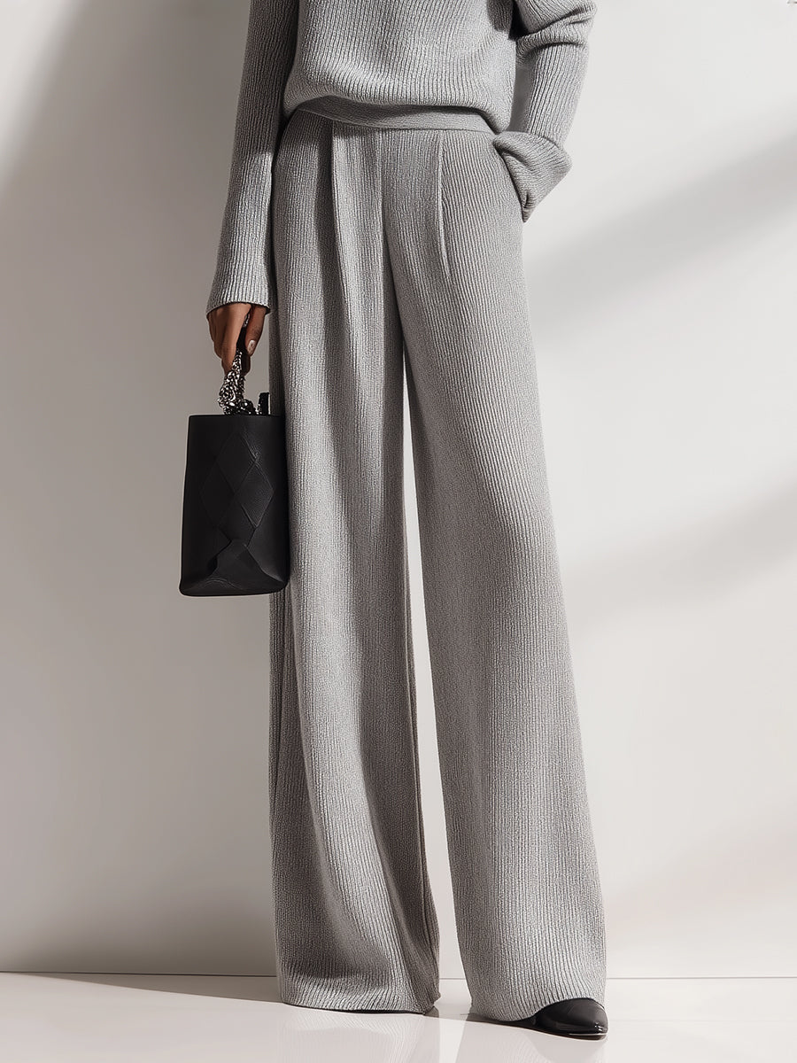 Women's Light Gray Ribbed Knit Set With Off-the-Shoulder Top & Wide-Leg Pants, Timeless Luxe Relaxed Style Set MDA1626L7I