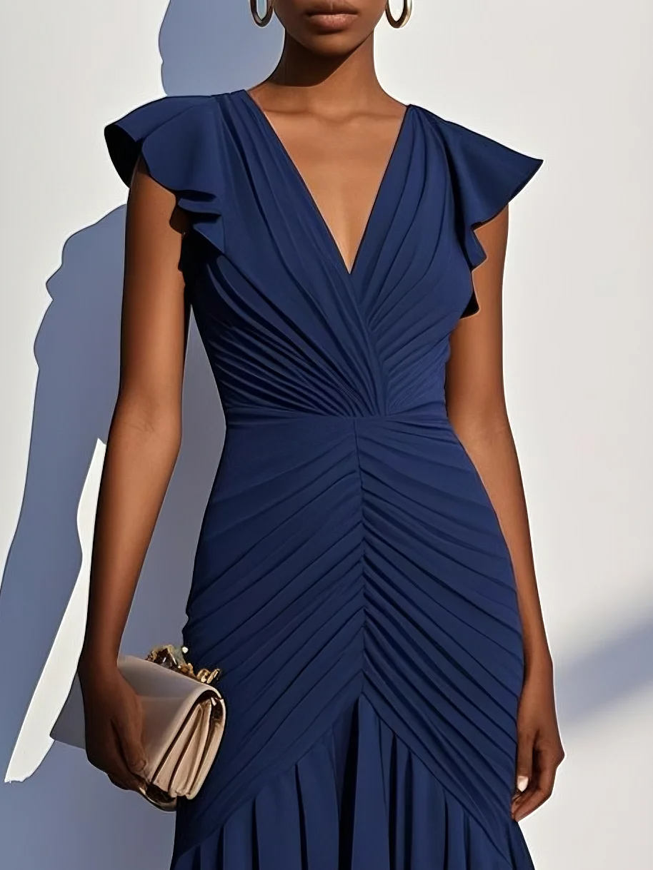 Women's Solid Color Chiffon Pleated Hip-hugging Maxi Dress MDA1141F7Y