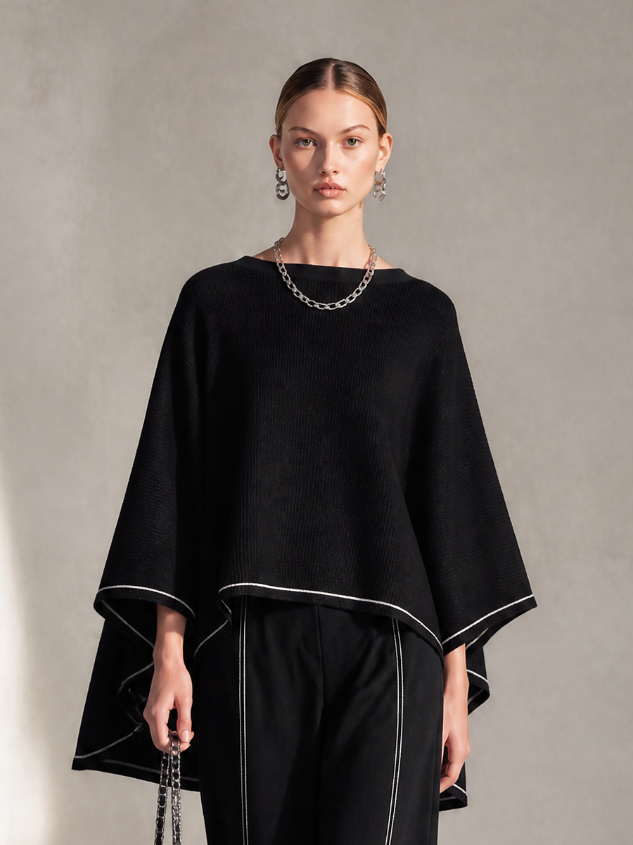 Women's Elegant Contrast-Piping Boat-Neck Cape-Sleeve Top & High-Waisted Wide-Leg Trouser Set MDZ2152H7CMX