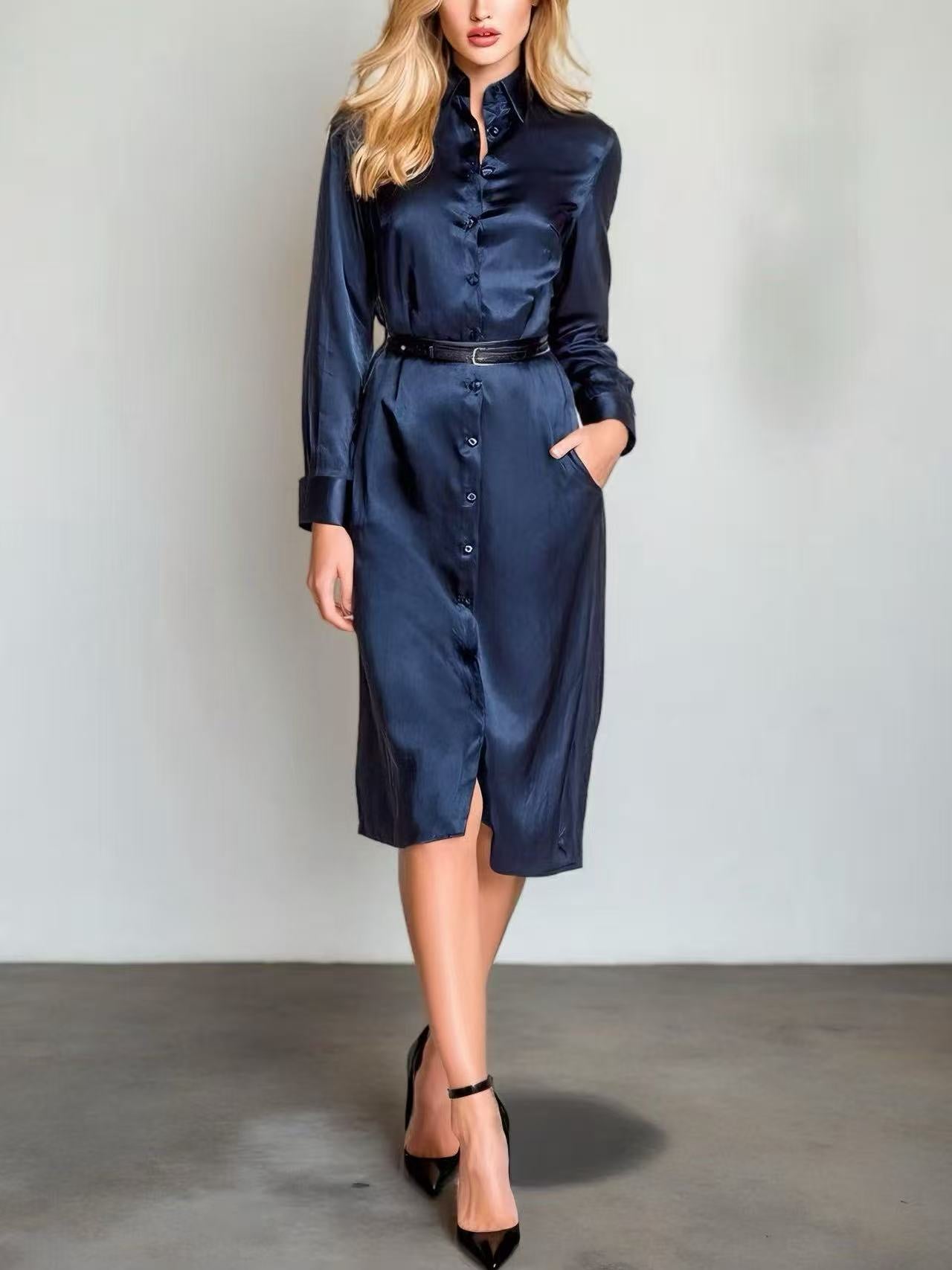 Women's Elegant And Stylish Navy Blue Acetate Shirt Dress With Belt MDA0656K0AN