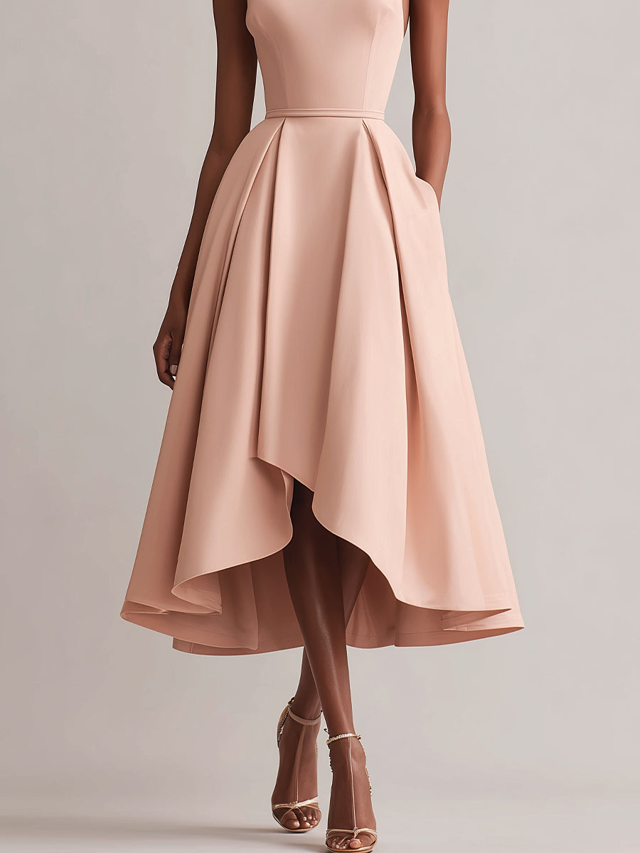 Women's Pink Structured Dress With Halter Neck & High-Low Skirt, Timeless Elegant-Sophisticated Style Dress MDZ0613A7I