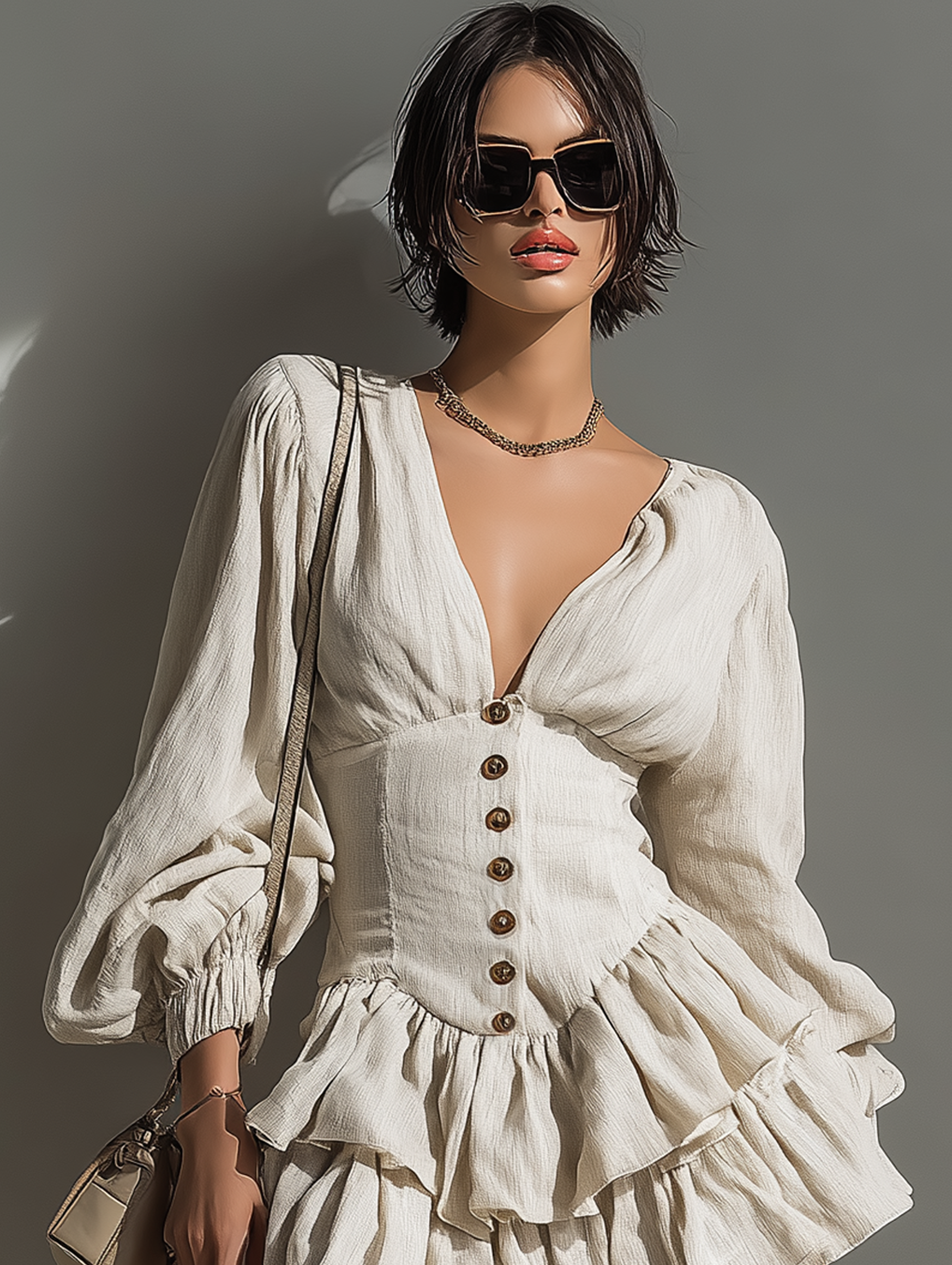 Women's Minimalist Linen Blend V-neck Mini Dress With Decorative Buttons MDA1958L0Y