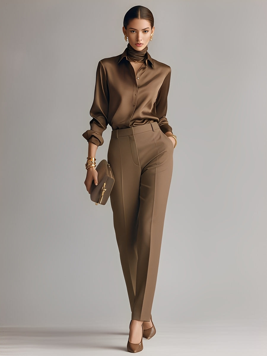 Women's Brown Silky Woven Fashion Set With Rolled Sleeves & Tapered Trousers, Modern Chic Style Set MDA2648K1I