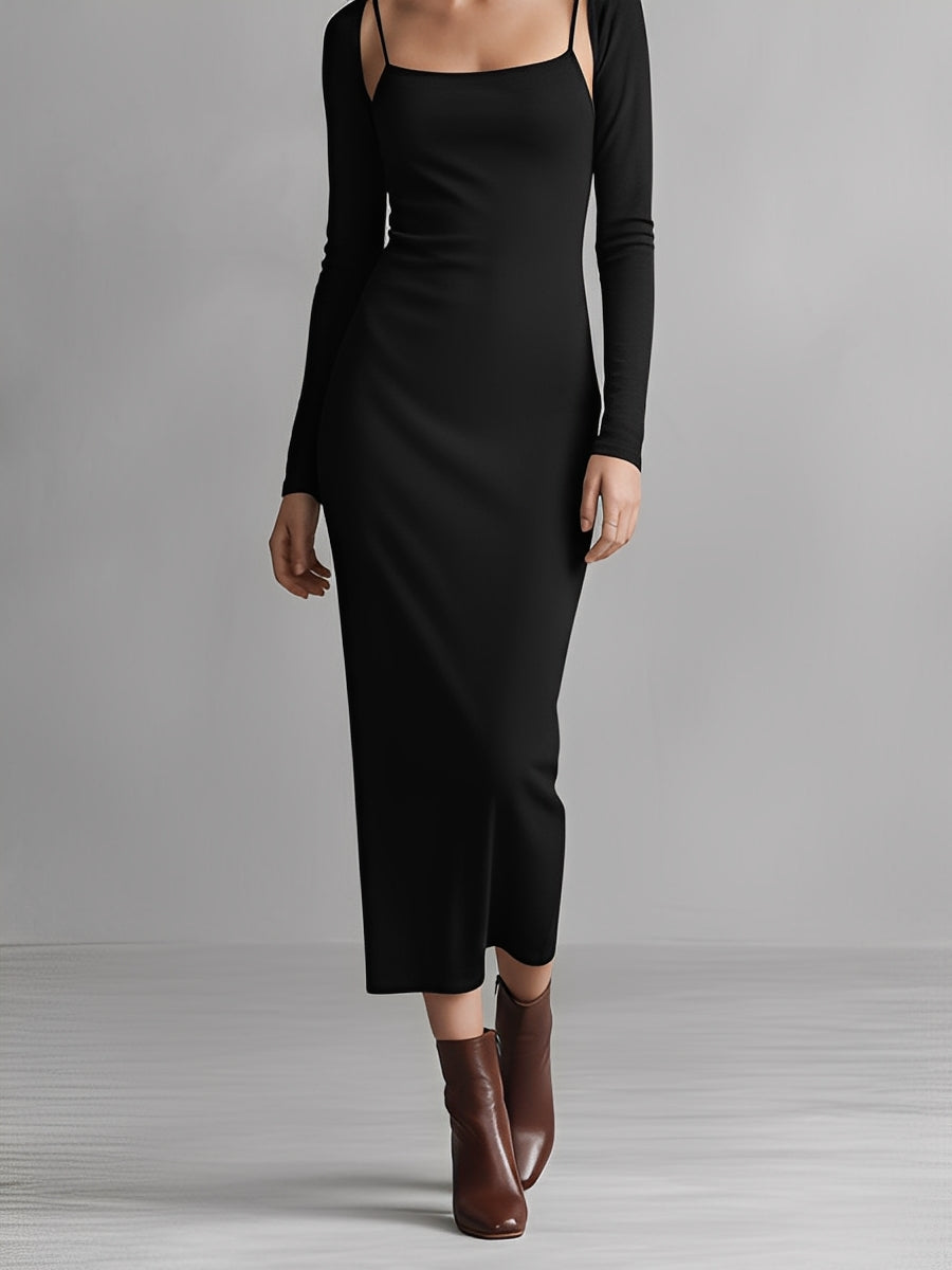Women’s Jet Black Fitted Dress With Square Neck & Midi Length, Modern Minimalist-Elegant Style Dress MDZ1475A6I