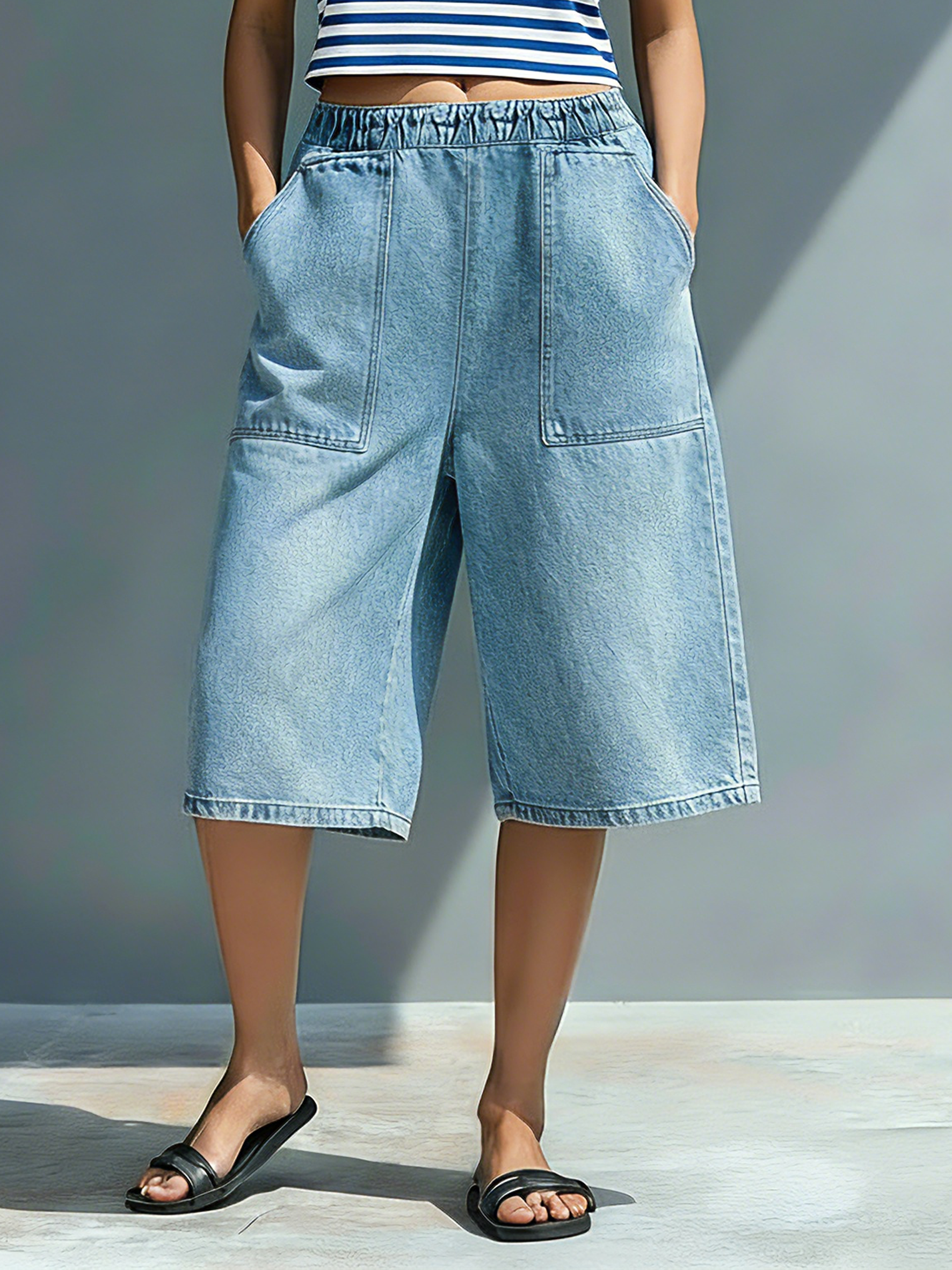 Women's Casual Striped Tank Top And Denim Cropped Pants Set MDZ2721B7Y