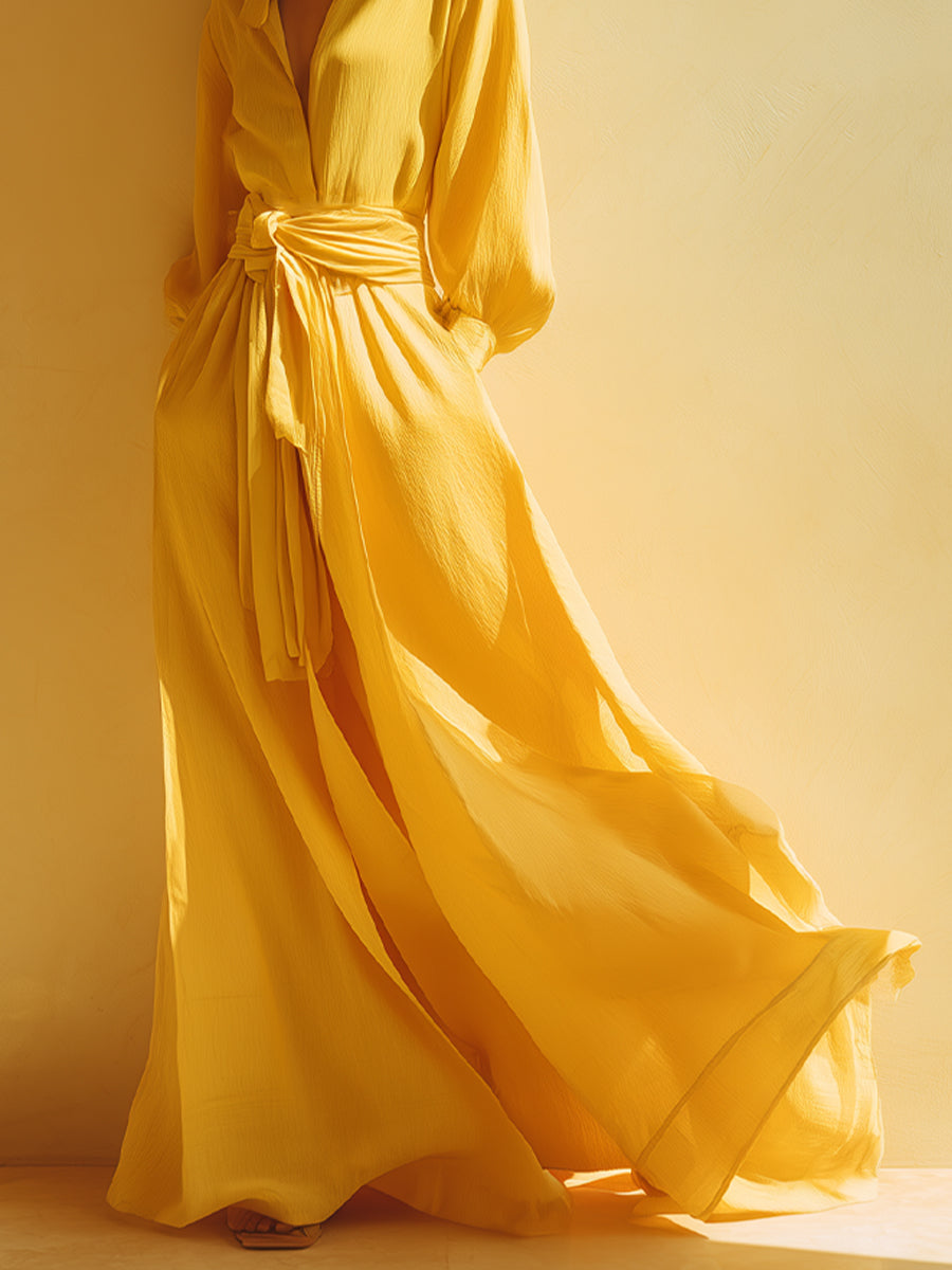 Women's Vibrant Yellow Chiffon Dress With Shirt Collar & Oversized Tie Belt, Timeless Effortless-Glam Style Dress MDA1905L7I