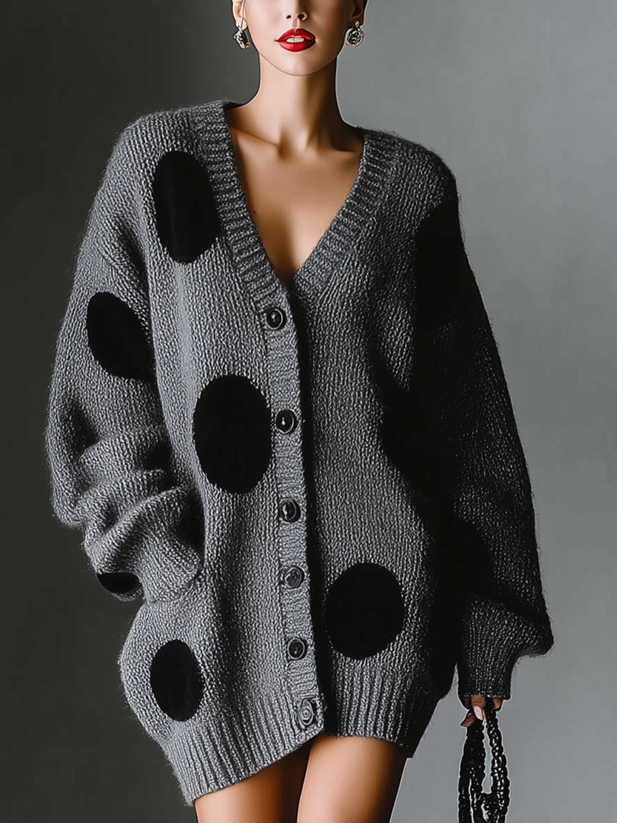 Women's Gray And Black Large Polka Dot Knitted Cardigan MDA1940I4T