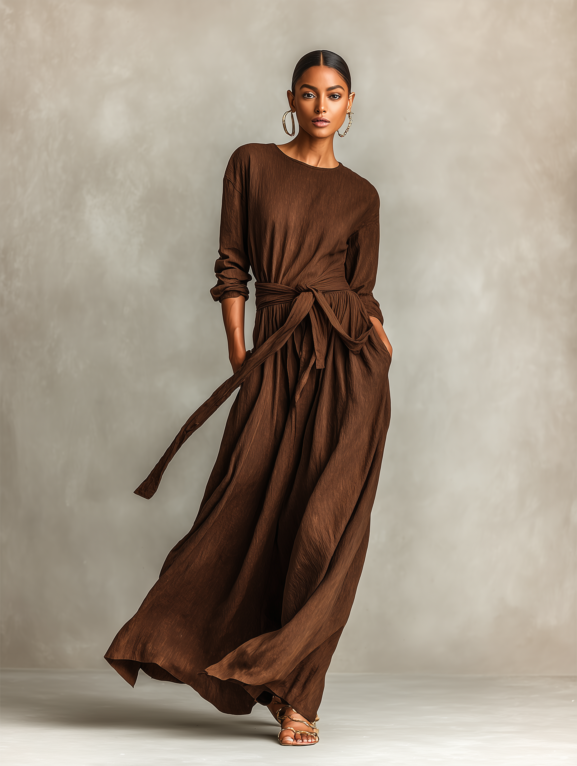 Women's Elegant Brown Woven Long-sleeved Round Neck Dress MDA1963L7AN