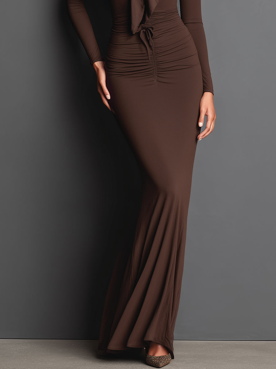 Women's Chocolate Brown Knitted Trendy Maxi Dress With Bow Neck & Bodycon Silhouette, Modern Elegant Style Maxi Dress MDA3066J1I