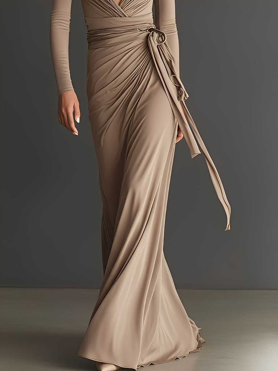 Women's Taupe Stretchy Cotton-Blend Dress With Deep V-Neck & Ruched Waist, Timeless Luxe Style Maxi Dress MDA1544L5I