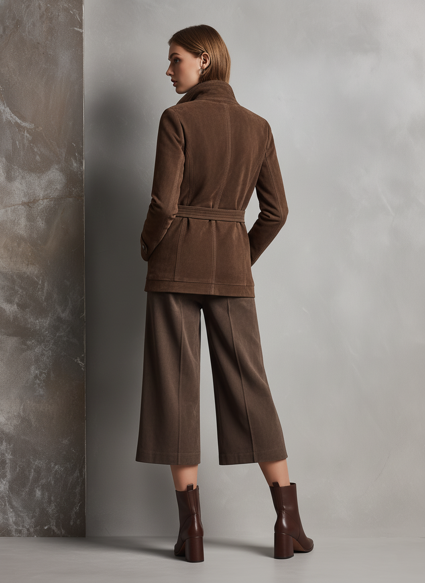 Women's Dark Brown Faux Suede Double-breasted Belted Fitted Jacket MDA3167J1T