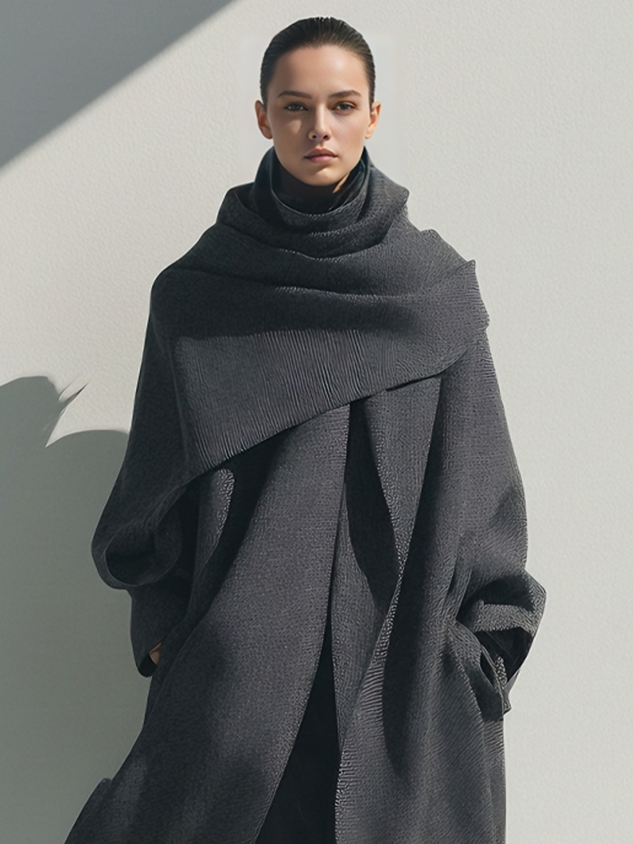 Women's Avant-Garde Wool-Blend Charcoal Gray Wrap-Collar Structured Pleated Maxi Coat MDA1573L0AU