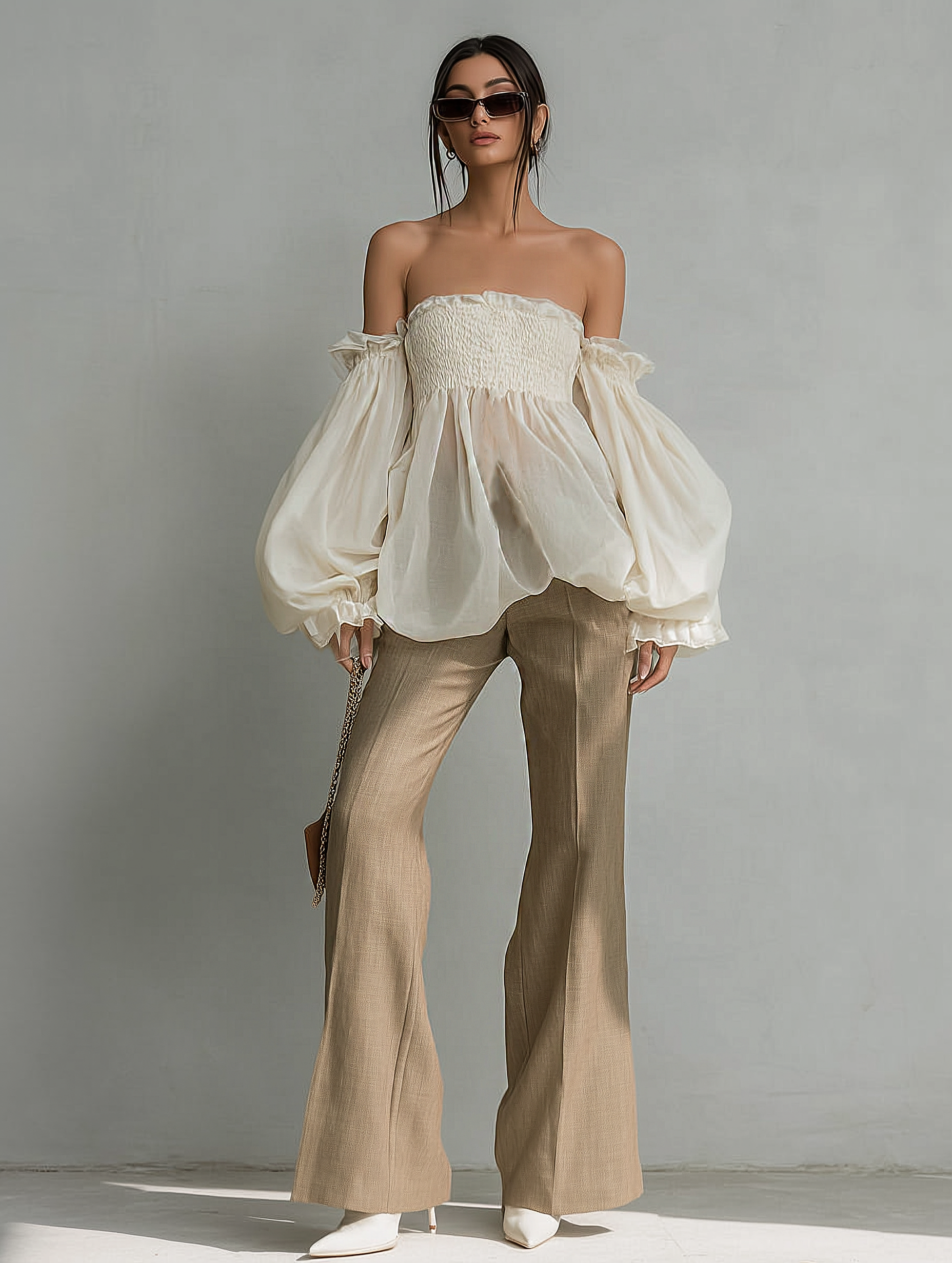 Women’s Minimalist Chiffon Strapless Long-sleeved Blouse And Flared Pants Set MDA1958L7Y