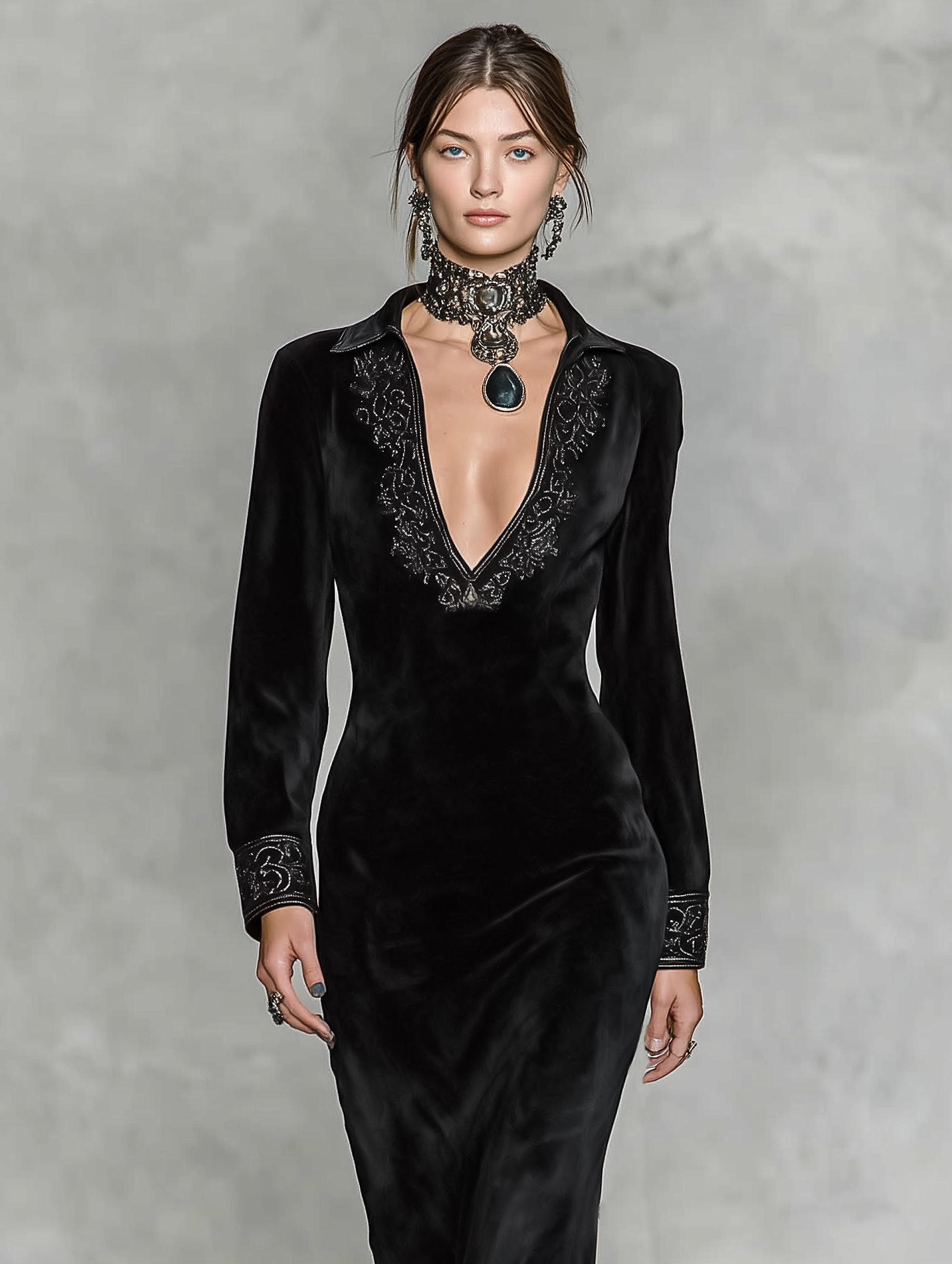 Women's Minimalist Velvet Embroidered Lapel V-neck Midi Dress MDA2406K4Y