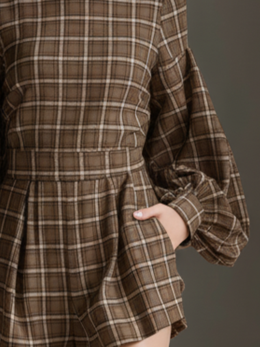 Women's Brown Plaid Tweed Lantern Sleeve High Neck Mini Dress MDA2580J9T