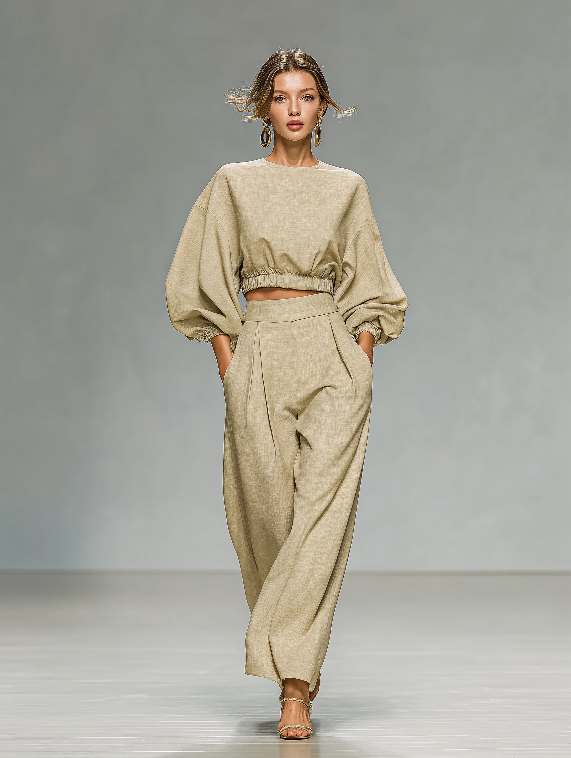 Women's Beige Crop Top And Wide-Leg Pants Set MDA2383G4T