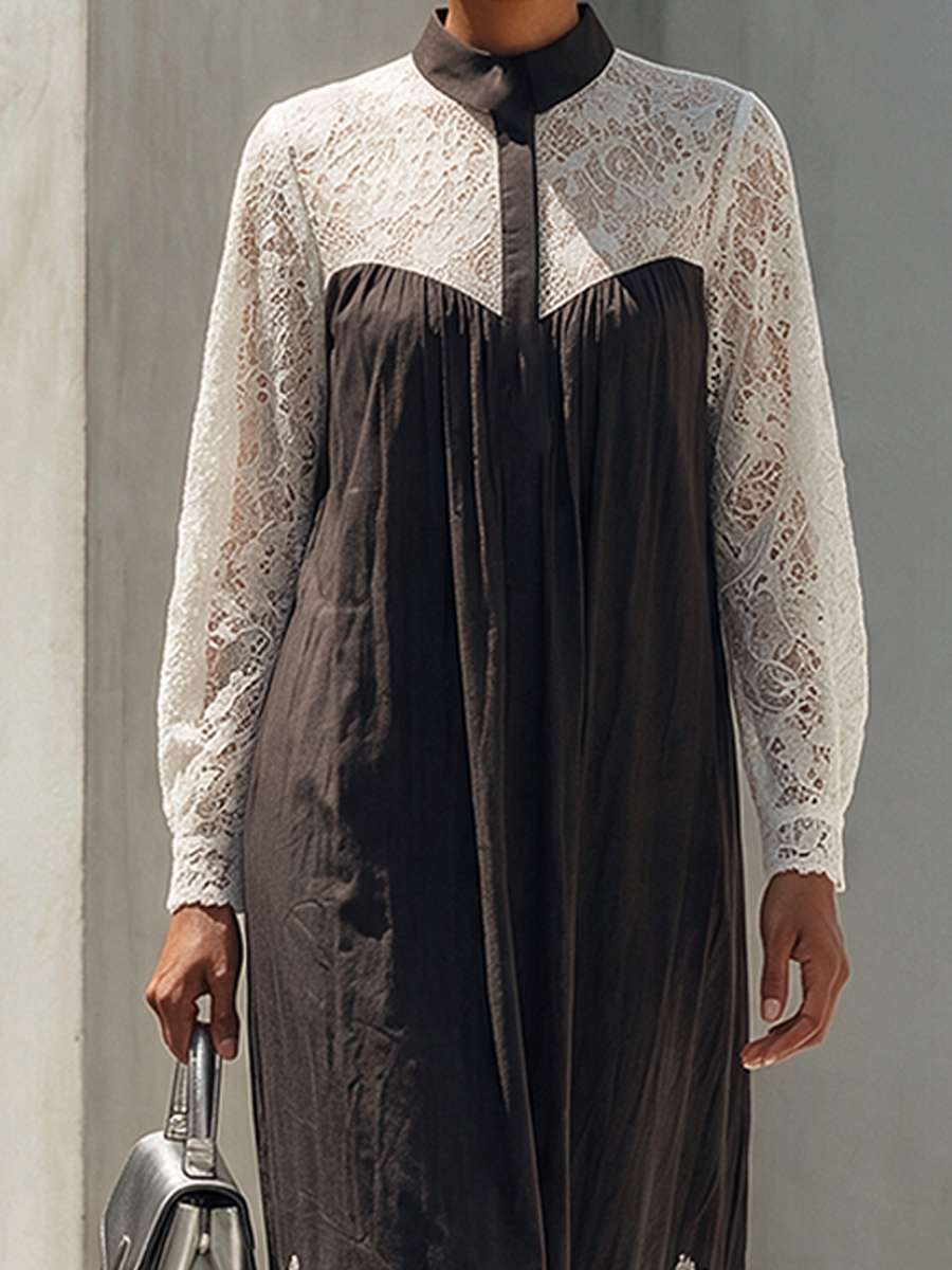 Women's Long-Sleeve Cotton-Blend Maxi Dress With Lace Paneling MDZ2406H1ZRK