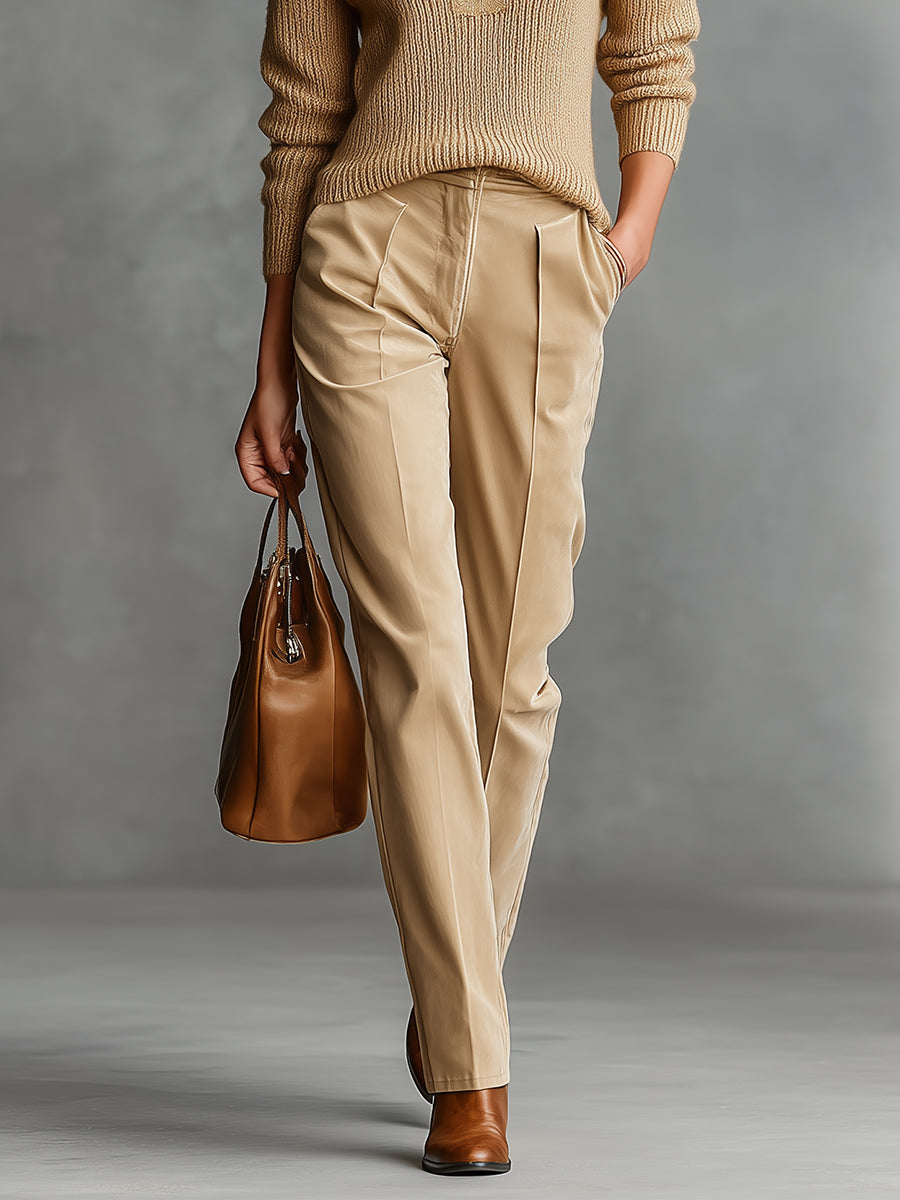 Women's Camel Elegant Half - Zip Collared Sweater And Tapered Trousers Set MDA2237I1I