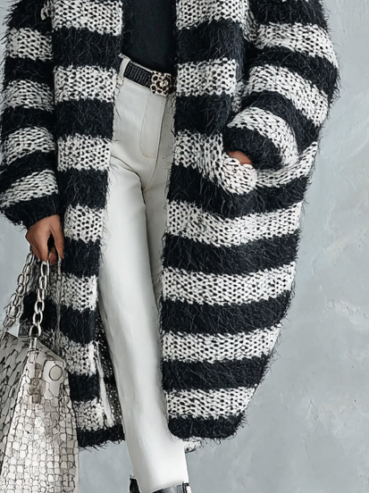 Women's Loose Mohair Black And White Striped Mid-length Cardigan MDA2859H5Y