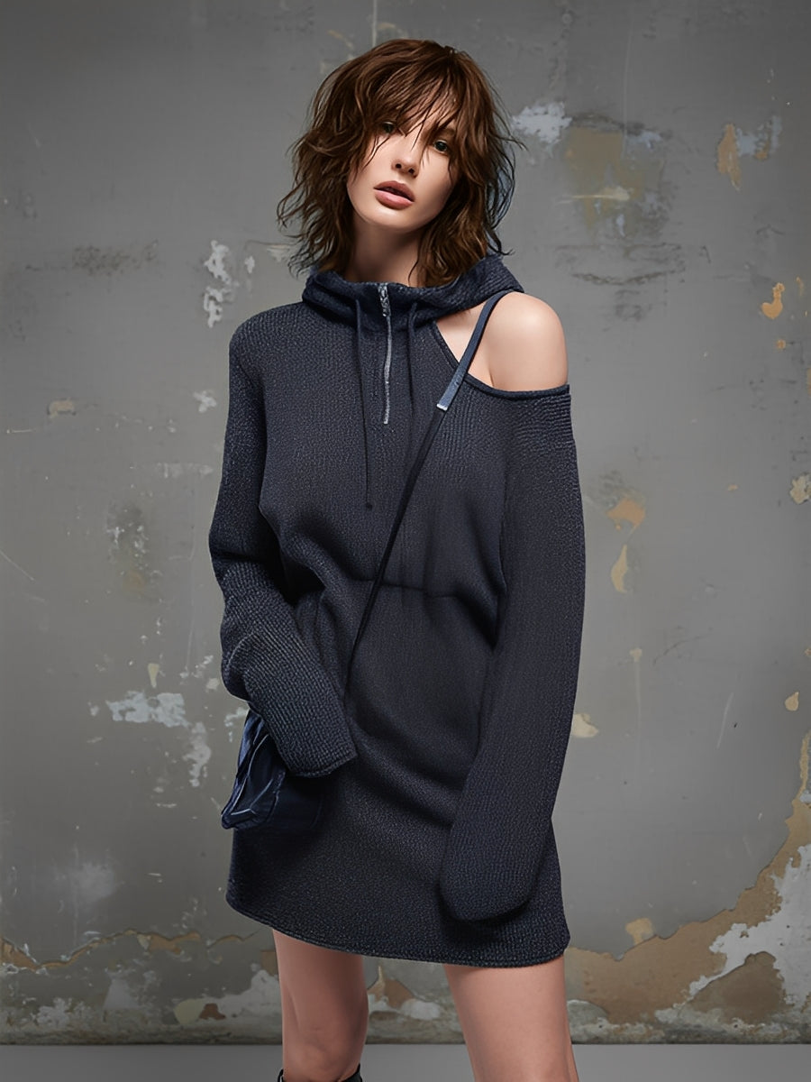 Women's Charcoal Gray Ribbed Knit Dress With Hoodie & Cold-Shoulder Cutout, Modern Edgy-Casual Style Dress MDA1769L1I