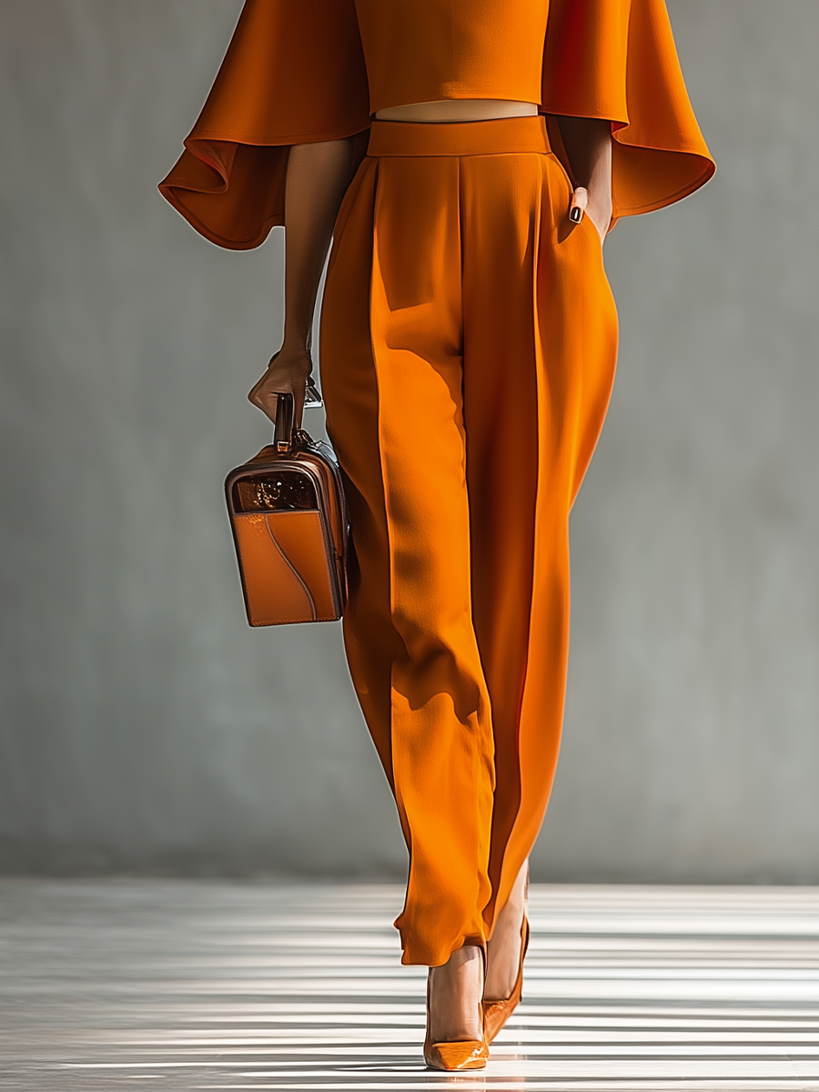 Women's Orange Cape Top And Wide-leg Pants Set MDA1587H1T
