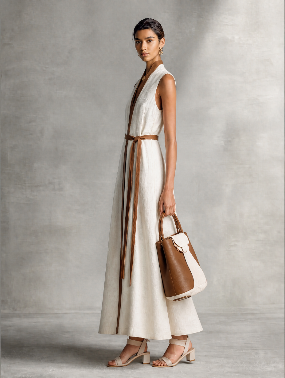 Women's Sleeveless V-Neck Tie-Waist Cotton Linen Maxi Dress MDZ1153B7BA