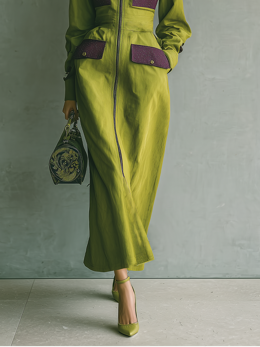 Women's Green Cotton Blend Colorblock Hooded Maxi Dress MDA1503I0T