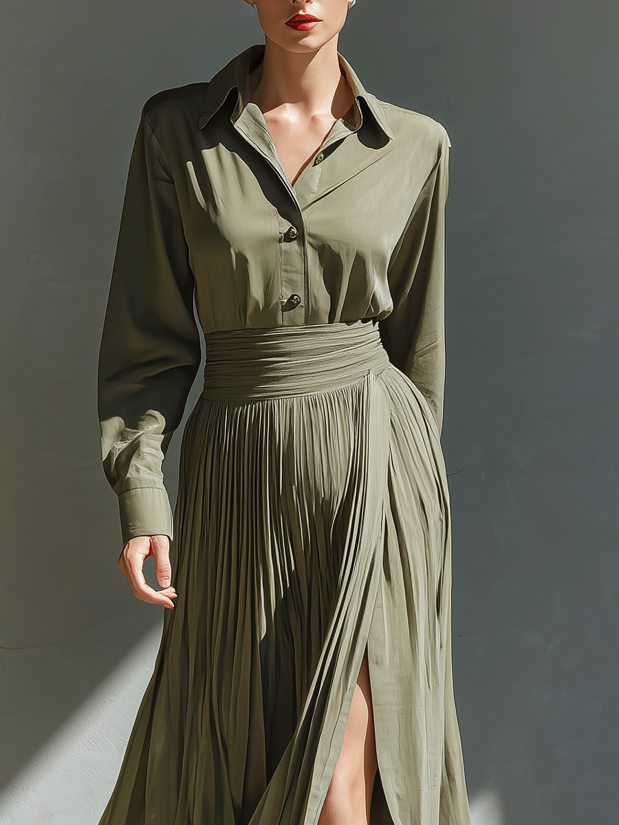 Women's Elegant Blended Shirt Collar Pleated Slit Maxi Dress MDA3142G3I