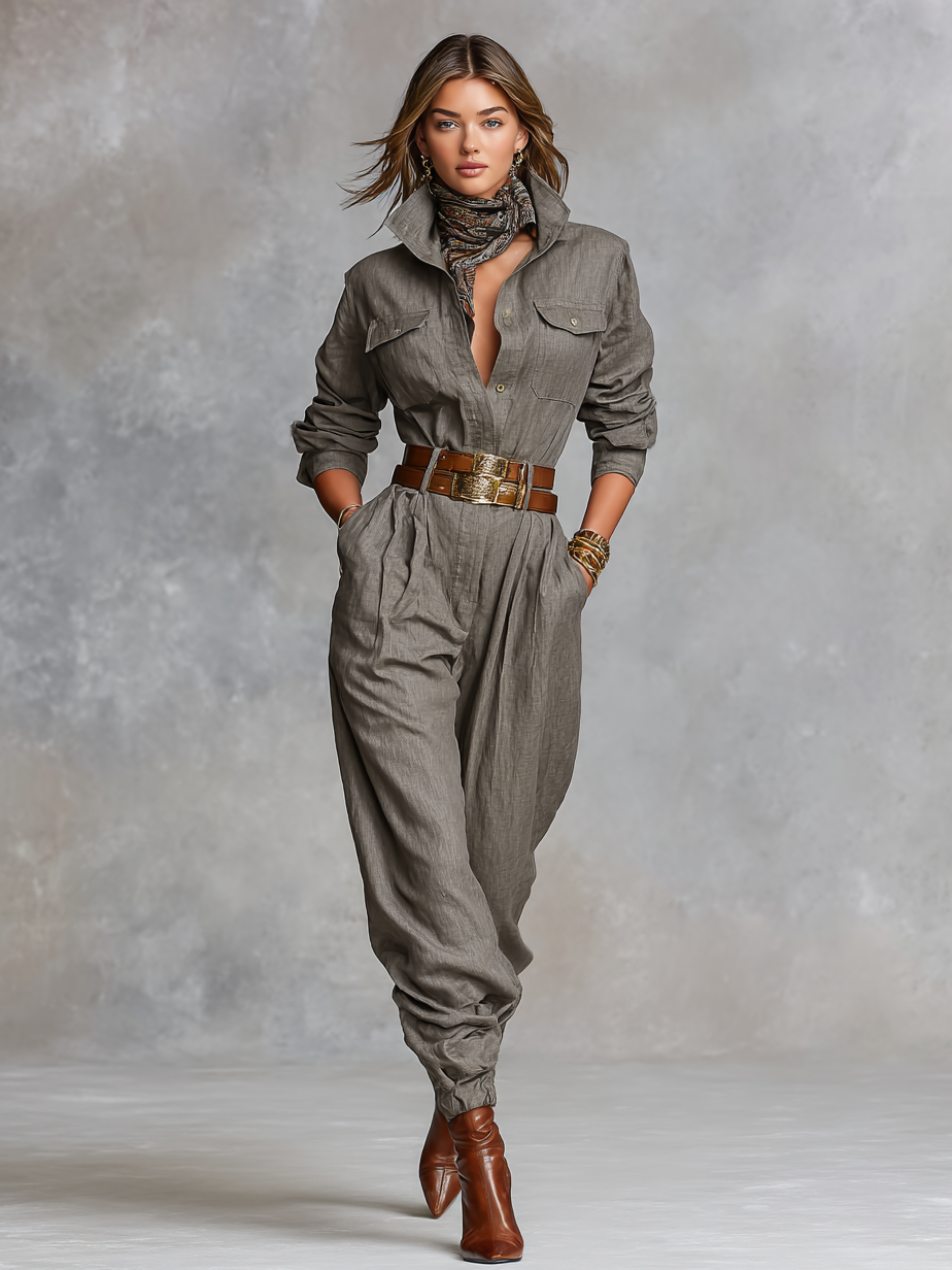 Women's Cotton And Linen Blended Long Sleeve Shirt Jumpsuit MDA3067G8Y
