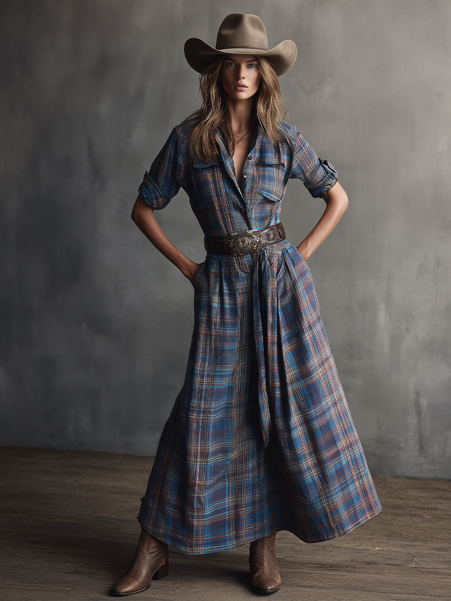 Women's Blue Plaid Shirt Dress With Maxi Length & Tie-Waist, Retro Western Fashion Dress (without belt) MDA2755J2I