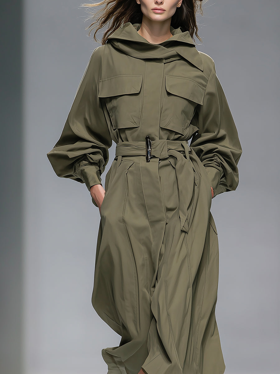 Women's Practical Nylon - Cotton Blend Hooded Belted Utility Maxi Dress MDA0599H9I