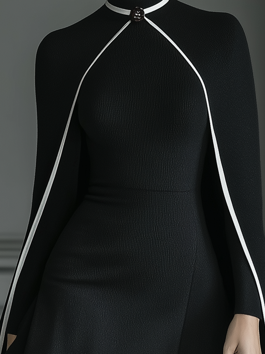 Women's Black Knit Long Sleeve Cape Mini Dress MDA1886I9T