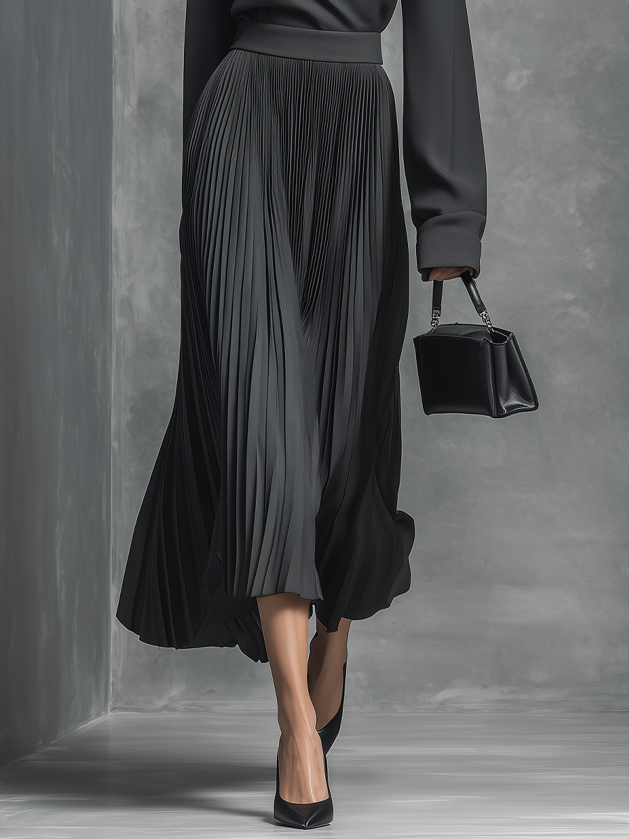 Women's Black Cotton Blend Off-the-shoulder Long-sleeved Pleated Midi Dress Set MDA0904L5T