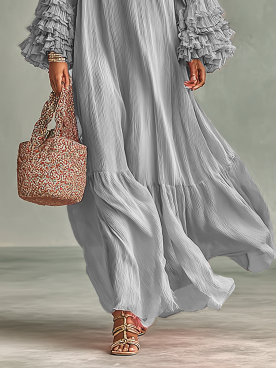 Women's Loose Pleated Chiffon Round Neck Long Sleeves Cuffs Ruffle Maxi Dress MDA1411G7Y