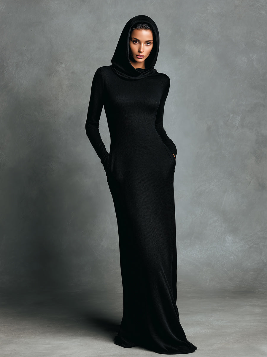 Women's Black Knitted Elegant Maxi Dress With Hooded Cowl Neck & Side Pockets, Sophisticated Modest Style MDA0304K5I