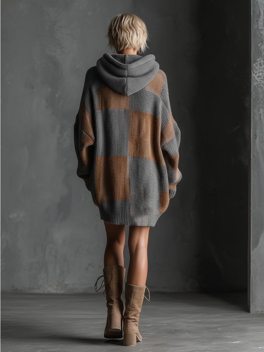 Women's Gray And Brown Color-blocked Knitted Hooded Loose Sweater Mini Dress MDA0729K7T